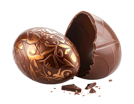 Ornate dark chocolate Easter egg broken open against a transparent backdrop