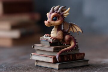 Charming dragon figurine sitting atop a pile of antique books, a miniature open book in its paws, symbolizing learning