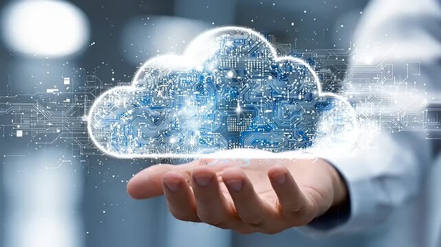 Hand holding a glowing cloud symbol with digital circuits, representing cloud computing technology - Powered by Adobe