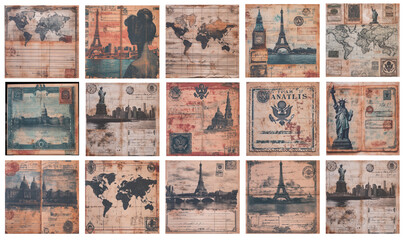 Antique Travel Ticket Design, Faded Ink with Postmark, Weathered Edges, Soft Parchment Texture, Vintage Color Scheme.