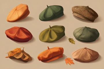 Autumn flat caps and berets in assorted fabrics and warm fall tones, styled with oak leaves for vintage seasonal fashion