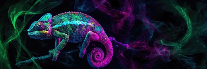 Extreme close-up portrait of a colorful chameleon under dramatic neon lighting with vibrant magenta, cyan, and deep blue glow in a dark, mysterious setting