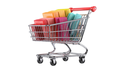 Shopping cart filled with colorful packages