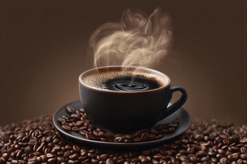 Hot coffee steaming in a black cup, sitting on a saucer surrounded by a pile of fresh roasted coffee beans