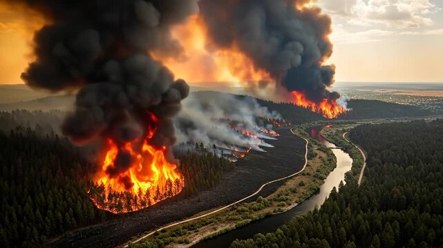 Aerial view of a dramatic wildfire engulfing a forest landscape.
