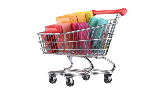 Shopping cart filled with colorful packages