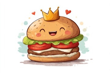 Happy cartoon burger, having a cheerful face and wearing a royal crown. Hearts floating around the delicious fast food icon