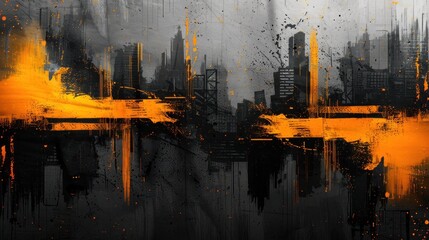 Abstract cityscape, urban landscape, with orange brushstrokes and black, gray, and white textures.