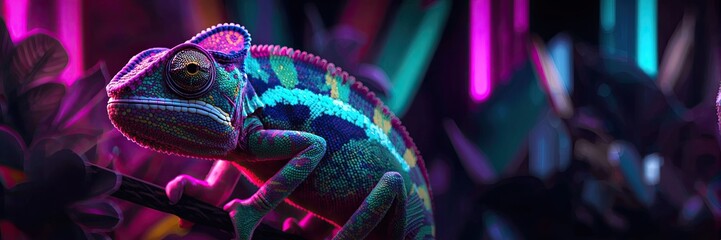 Extreme close-up portrait of a colorful chameleon under dramatic neon lighting with vibrant magenta, cyan, and deep blue glow in a dark, mysterious setting