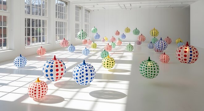 Colorful polka dot sculptures in bright white art gallery space - Powered by Adobe