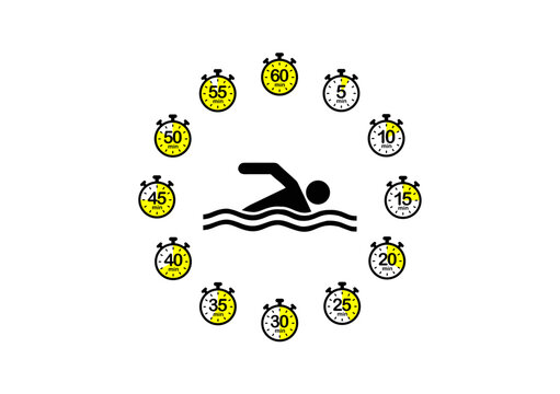 A swimmer icon surrounded by twelve stopwatches, each showing different times, representing interval training or timed swimming cycles.
