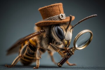 Wasp dressed as a detective investigating with a magnifying glass, representing concepts of mystery, discovery, and curiosity