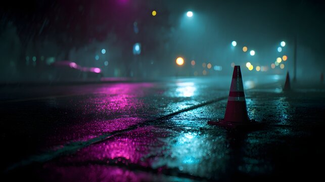 Moody city street reflects vibrant neon light, perfect for urban grit themes, mysterious stories, and atmospheric backgrounds on a rainy night