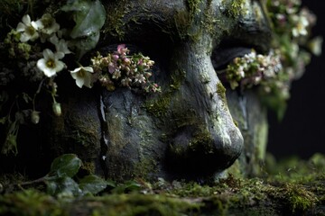 Ancient woodland ghostly figure with moss and flowers covering the face, water dripping like tears from the eye