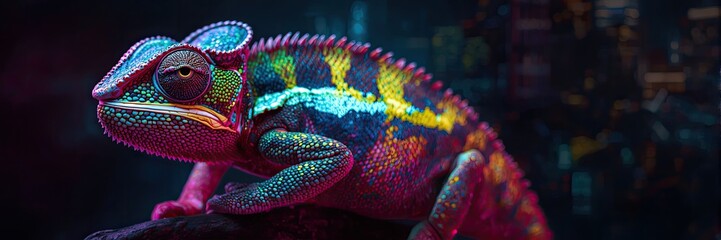 Cyberpunk chameleon with luminous pink, yellow, and blue colors, dramatically lit by neon glow against a dark, futuristic, and vibrant background