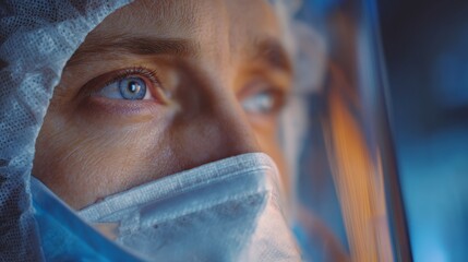 In a softly lit setting, a healthcare professional is preparing for a critical task, dressed in protective gear. The focused man demonstrates the intense level of dedication requir