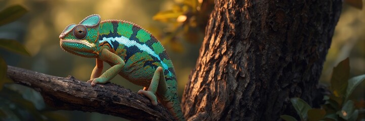 Vivid and striking panther chameleon with brilliant turquoise and emerald green markings gripping a textured tree trunk in its natural habitat