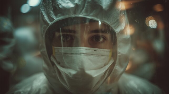 In a dimly lit environment, a healthcare worker is dressed in a protective suit, conveying a sense of readiness for duty. The focused worker exemplifies commitment in challenging c