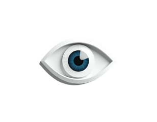 3D eye illustration, white surround with blue iris, simple clean design, set against black backdrop