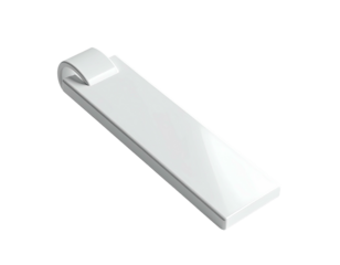 A gleaming white rectangular object with a curved handle on a stark black background