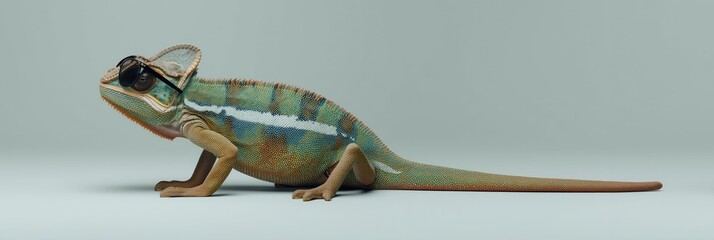 Cool chameleon wearing stylish dark sunglasses, posing confidently with a humorous expression against a minimal light blue-gray studio background, perfect for fun and trendy concepts