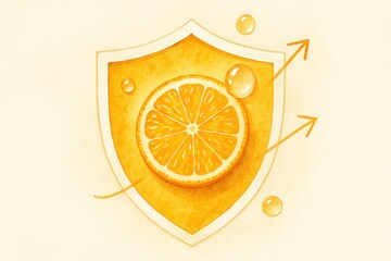 Refreshing citrus shield with orange slice, artistic bubbles, and dynamic upward arrows, symbolizing vitality, protection, and natural wellness in vibrant color palette