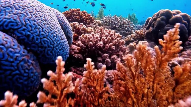 Vibrant underwater ecosystem thriving with diverse coral formations and marine flora, showcasing intricate patterns and textures. Wide shot revealing the expansive beauty and biodiversity of a?