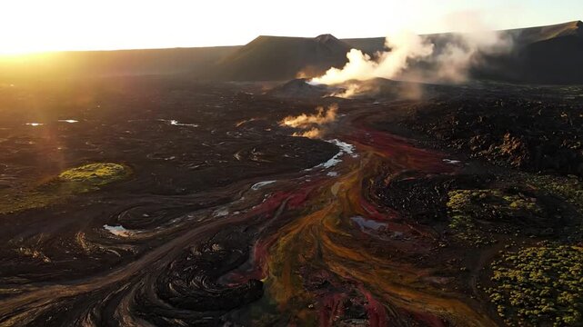 Capturing the raw, untamed power of Earth's geological processes from a high vantage point, showcasing ancient lava flows and newly formed volcanic rock.