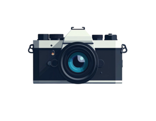 Digital illustration of a vintage, film camera with a prominent lens, set against a black background