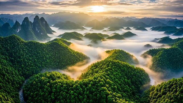A breathtaking sunrise over misty green mountains and valleys.