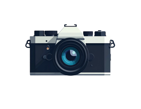Digital illustration of a vintage, film camera with a prominent lens, set against a black background