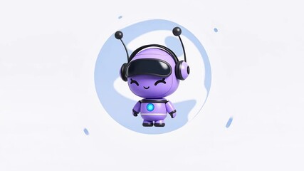 Cute 3D Rendered Purple Robot Character with Headphones and a Visor, Smiling and Symbolizing a Friendly AI Virtual Assistant or Automated Customer Support Service