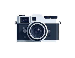 A detailed illustration of a vintage camera. It is stylized with sharp lines and strong contrast