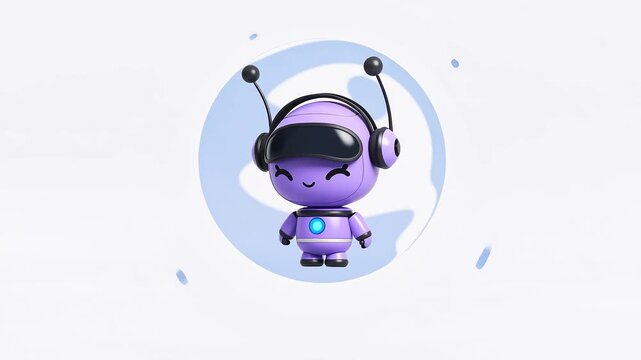 Cute 3D Rendered Purple Robot Character with Headphones and a Visor, Smiling and Symbolizing a Friendly AI Virtual Assistant or Automated Customer Support Service