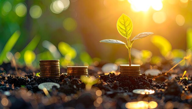 Small plant sprouting from coins in soil, sunlit with bokeh background. Symbolizes growth, investment, and financial success