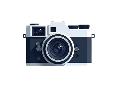 A detailed illustration of a vintage camera. It is stylized with sharp lines and strong contrast