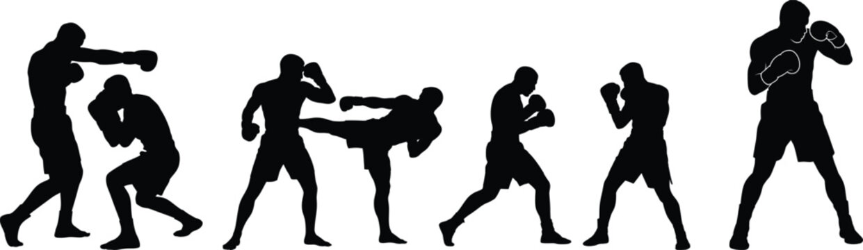 Set of boxer and kickboxer silhouettes fighting and sparring