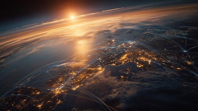 The image presents Earth with glowing city lights beneath a vibrant sunrise. These city lights and connections highlight the extensive network of communication across the globe.