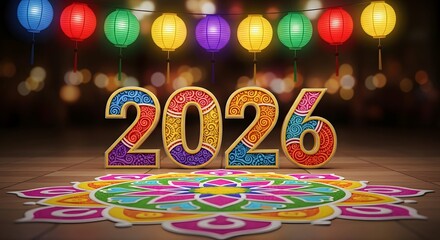 Vibrant 2026 new year celebration with rangoli and festive lanterns