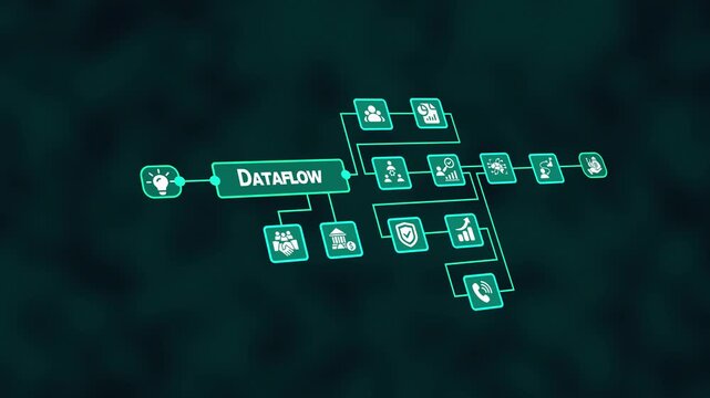 Digital Dataflow Process Diagram with Connected Neon Icons Showing Information Stream Mapping, Structured Workflow, System Integration and Technology Movement.