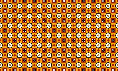 Seamless geometric pattern design with squares circles and stars in orange yellow and white colors