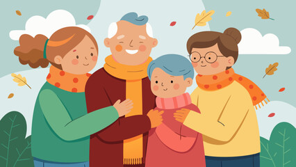 Happy multigenerational family hugging outdoors in autumn with falling leaves and warm clothes. Global Family Day