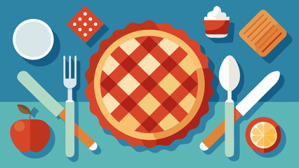 NationalFlat lay illustration of a lattice pie with utensils, fruit, and dessert items on a colorful table setting.  Pie day