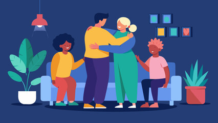 Diverse family hugging and spending time together in cozy living room with plants and warm atmosphere. National Hug Day