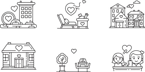 Honeymoon destination linear vector icon concept of vacation hotel and sightseeing