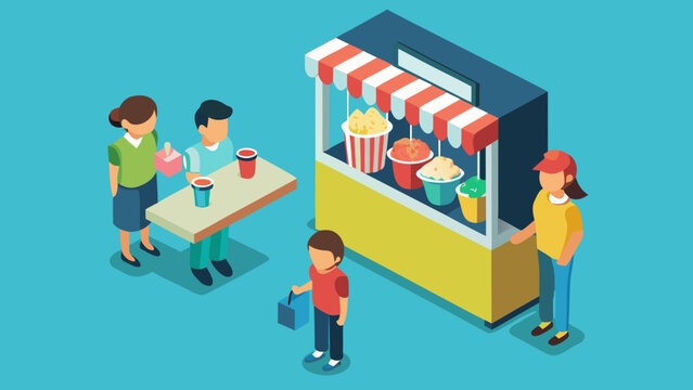 Isometric illustration of people buying snacks and drinks from a food stand with popcorn and soft drinks. National Popcorn Day