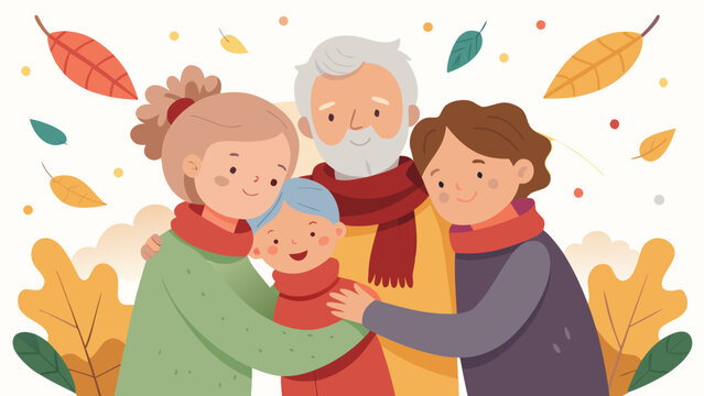 Smiling family hugging each other warmly in autumn surrounded by colorful falling leaves. National Hugging Day - Powered by Adobe