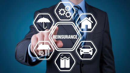 Businessman interacts with a digital interface displaying concepts related to financial protection services