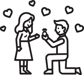 Man proposes to woman with ring surrounded by hearts on transparent background