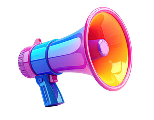 A vibrant, cartoon-style illustration of a megaphone in bright, gradient colors
